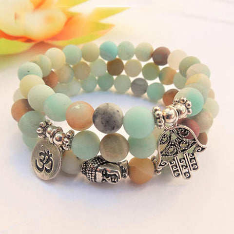 Amazonite Matte Bead Bracelet Set Om Buddha Hand Charms