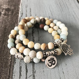 Amazonite Matte Bead Bracelet Set Om Buddha Hand Charms