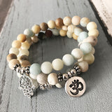 Amazonite Matte Bead Bracelet Set Om Buddha Hand Charms