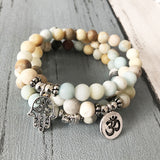 Amazonite Matte Bead Bracelet Set Om Buddha Hand Charms