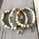 Amazonite Matte Bead Bracelet Set Om Buddha Hand Charms